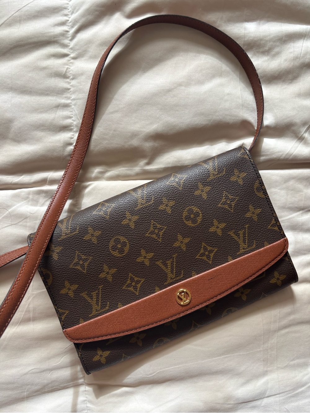 Louis Vuitton Bordeaux Monogram Crossbody Purse Brown Tan Trim Vintage with Box